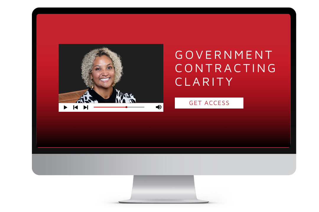 Computer screen displaying a video thumbnail featuring a smiling person, with text reading "Government Contracting Clarity" and a "Get Access" button.