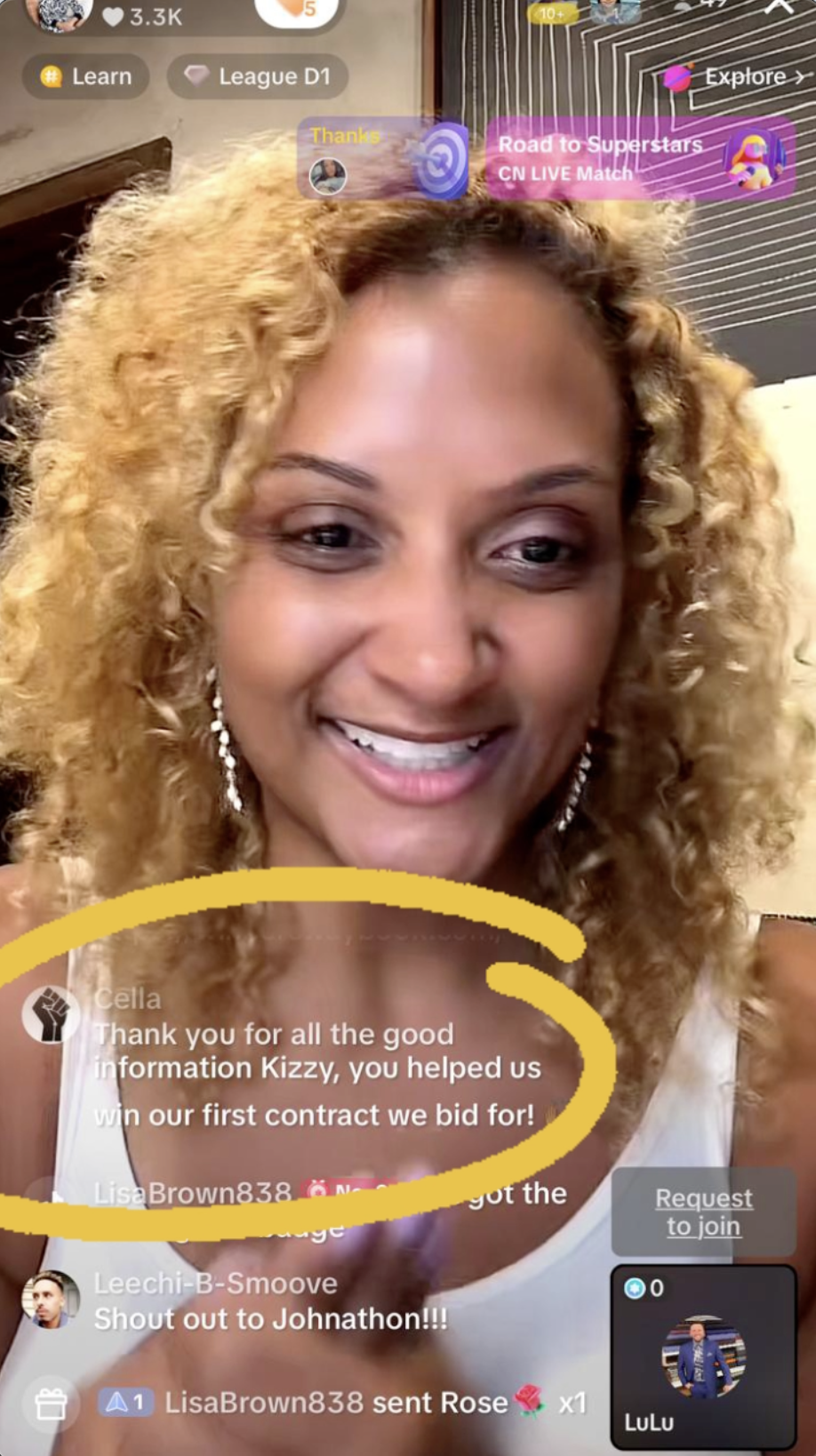 A person with curly hair smiles at the camera during a live broadcast. Text on the screen reads, "Thank you for all the good information Kizzy, you helped us win our first contract we bid for!.