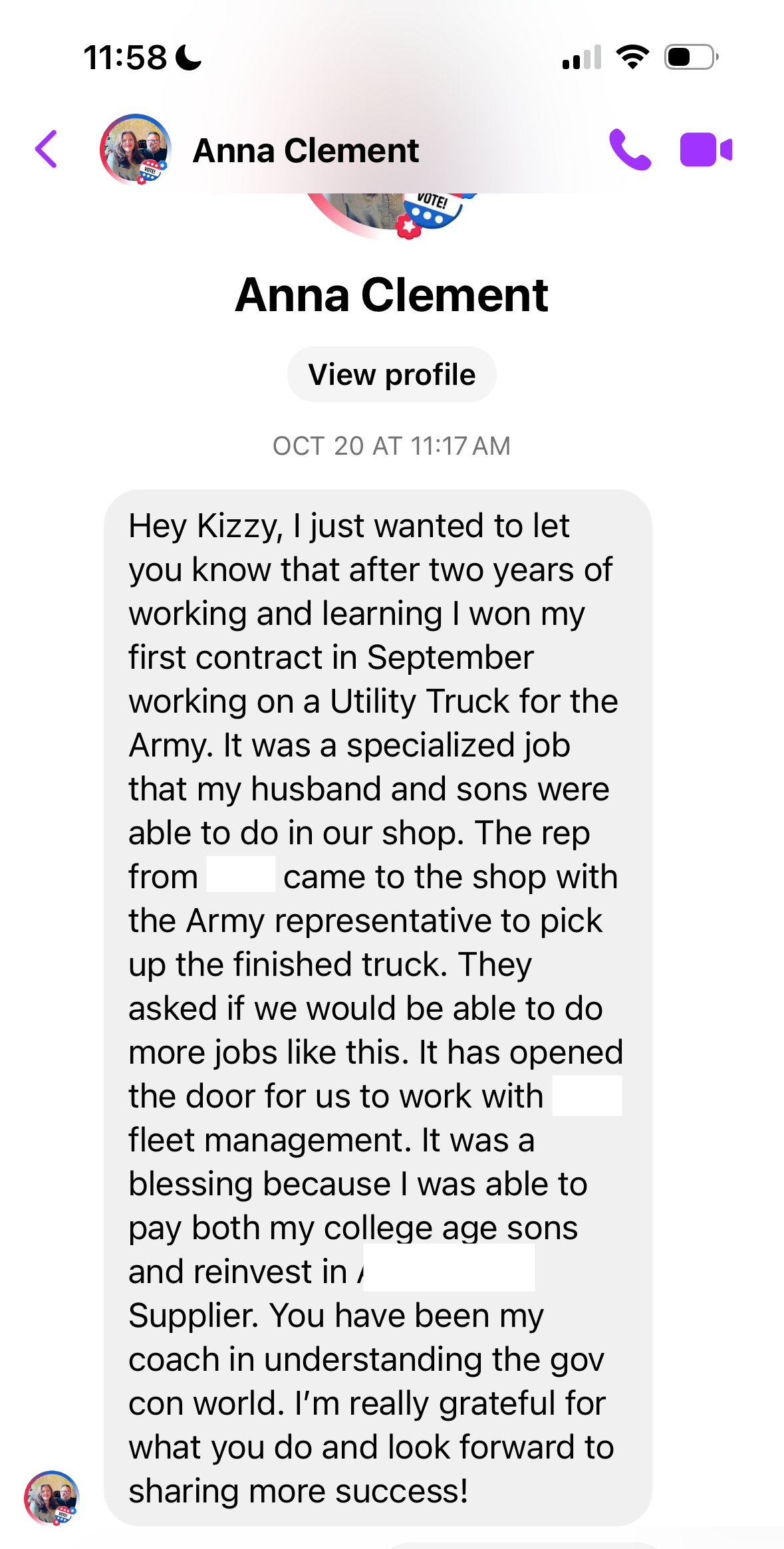 A message from Anna Clement expressing gratitude for coaching after securing a contract with a Utility Truck for the Army, positively impacting her family and future opportunities.