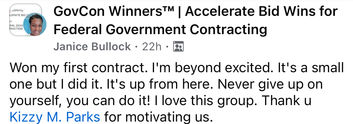 Screenshot of a social media post. Janice Bullock shares excitement about winning her first federal government contracting bid, expressing gratitude to Kizzy M. Parks for motivation.