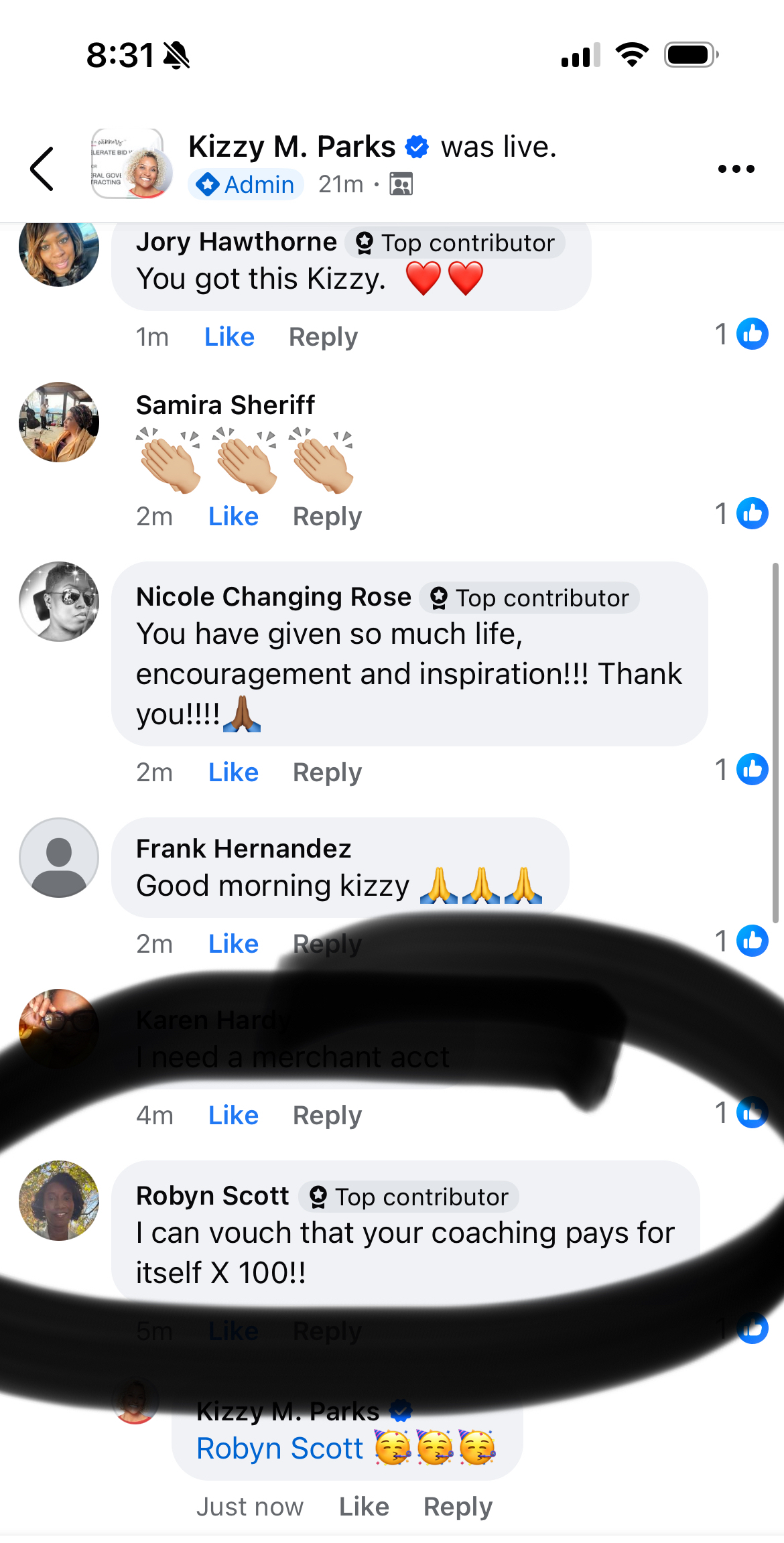 Screenshot of a Facebook Live video by Kizzy M. Parks. Several comments are visible, showing support with emojis and praise for her coaching services.